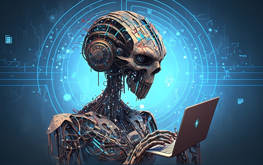 A sinister, skeletal android, wires threaded through its form and projecting outwards like nerve endings. It looks into a laptop balanced on one of its cadaverous hands, as the other readies itself to type. A blue, minimalist background, with outlines of circuitry drawn in a brighter neon shade of that colour. Original image by fszalai, c/o Pixabay.com.