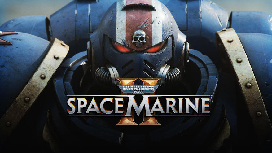 A promo image for Space Marine 2 - a close up of Titus in blue power armour, with a red & white triband on his salet.